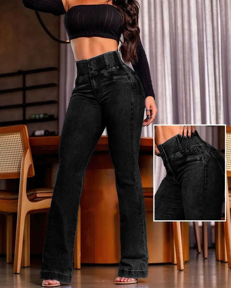 Pantalon Skinny Denim Stretch Taille Haute à Boutons Élastiques